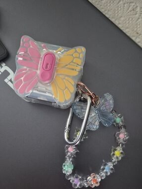 Butterfly Clip-On Keychain with Floral Bead Strap - Pink & Yellow